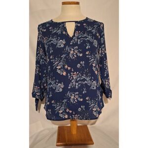 41 Hawthorn Taryn Tie Sleeve Blouse Navy Blue Floral Keyhole Top XS Petite NEW